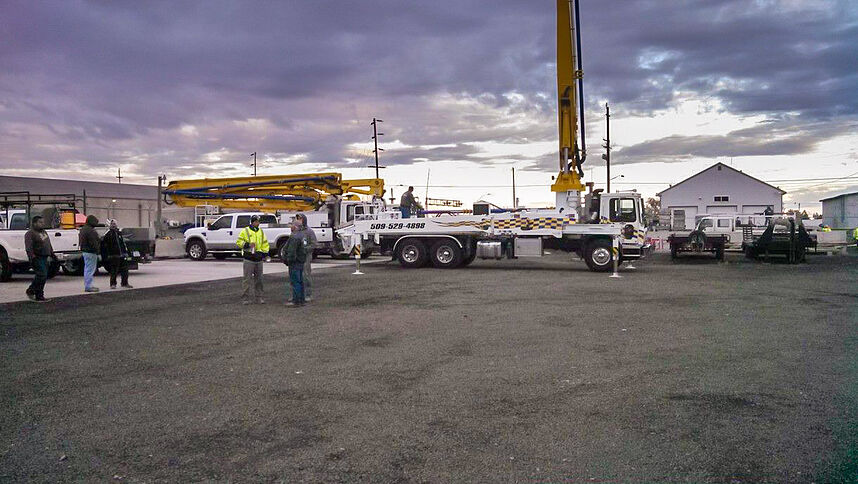 Fully extended concrete pump truck